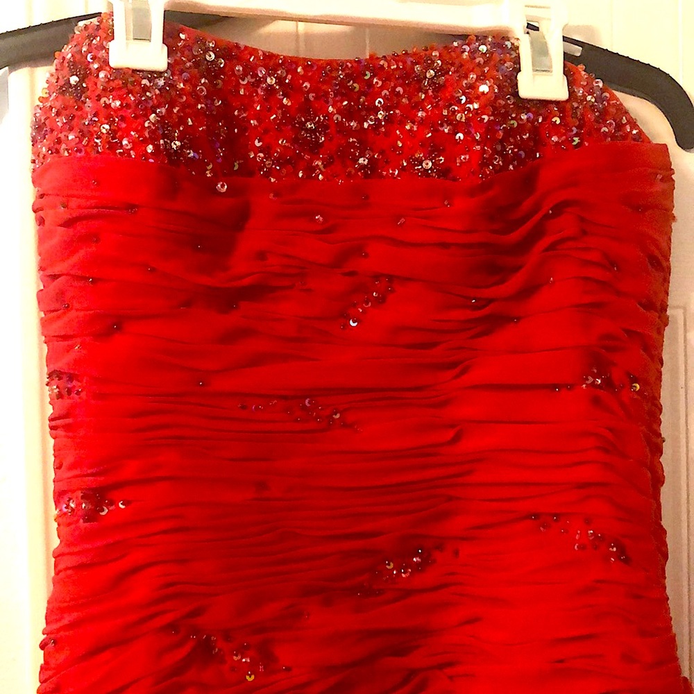 Mari Lee gown, red high-low corset back. Size 12
